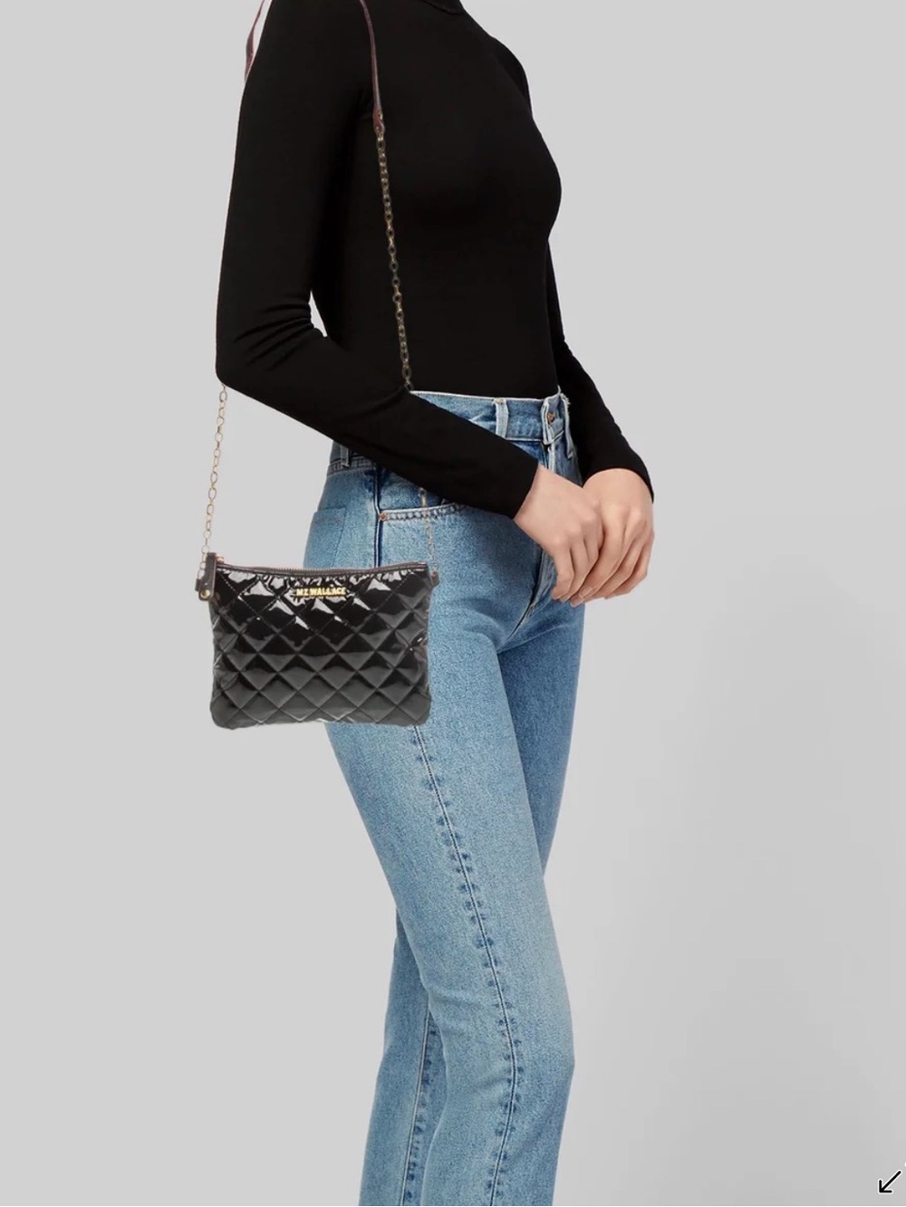 MZ Wallace Black Patent Leather Crossbody with Gold Chain Accent